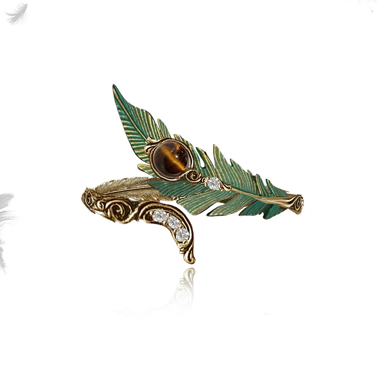 Vintage Peacock Feather Tiger's Eye Open Ring | Designer Gold Enamel Adjustable Statement Ring