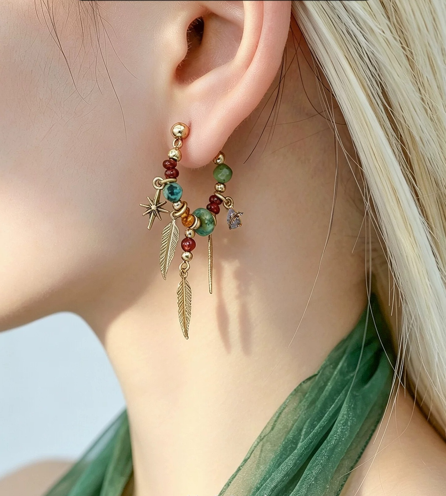 Bohemian Resort Beaded Green Feather Hoop Earrings | Vintage Gold Star Charm Dangle Statement Earrings