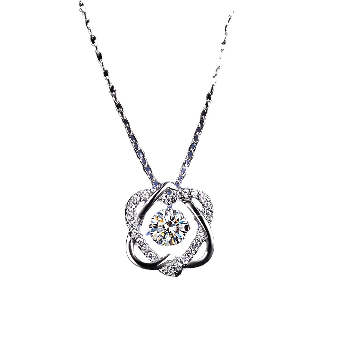 S925 Silver Dancing Moissanite Necklace, Intertwined Hollow Floral Pendant Adjustable Clavicle Chain
