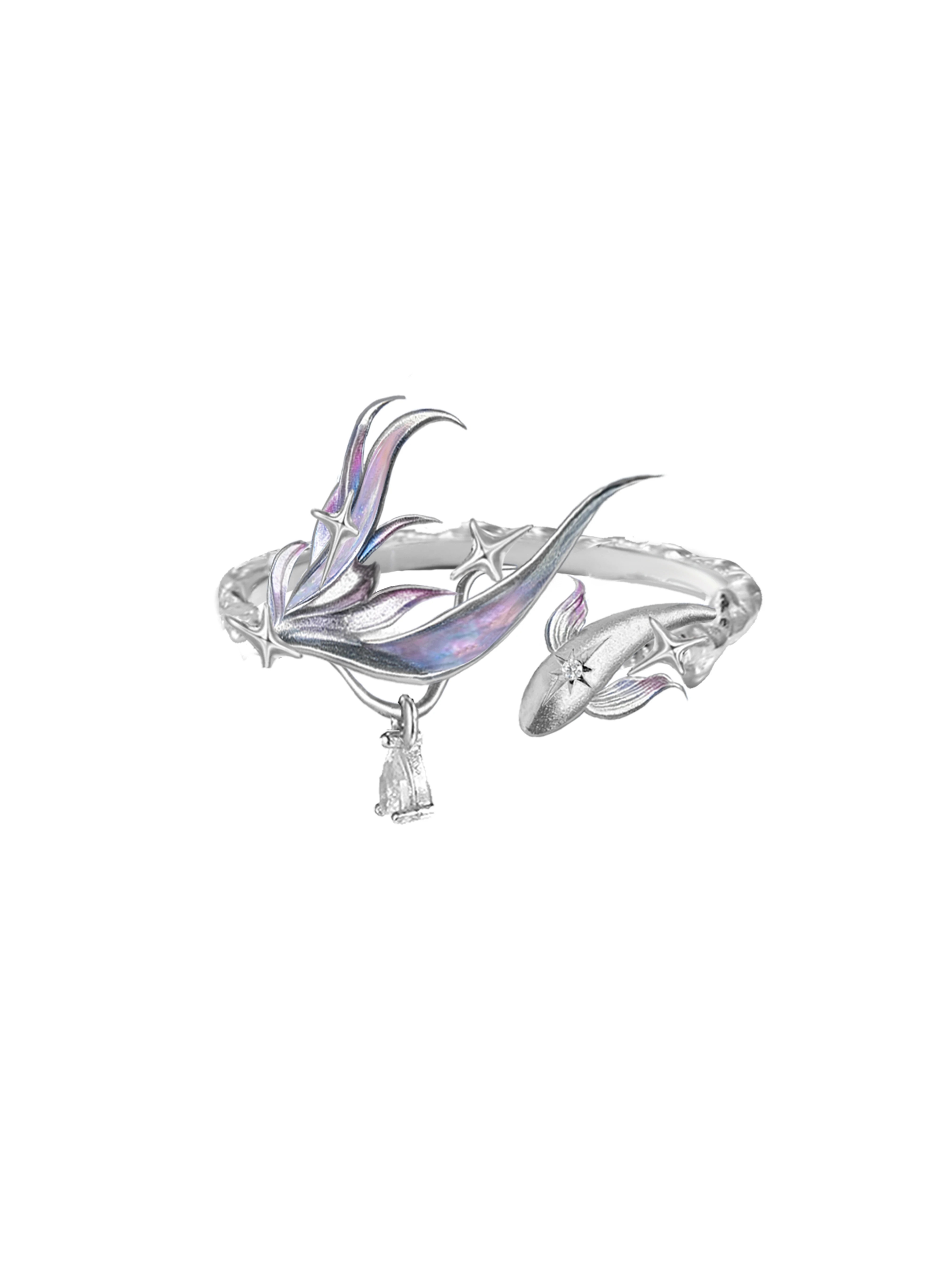 Deep Sea Legend Romantic Couple Open Ring Set | Ice Blue Mermaid Tail Starfish Matching Ring Pair