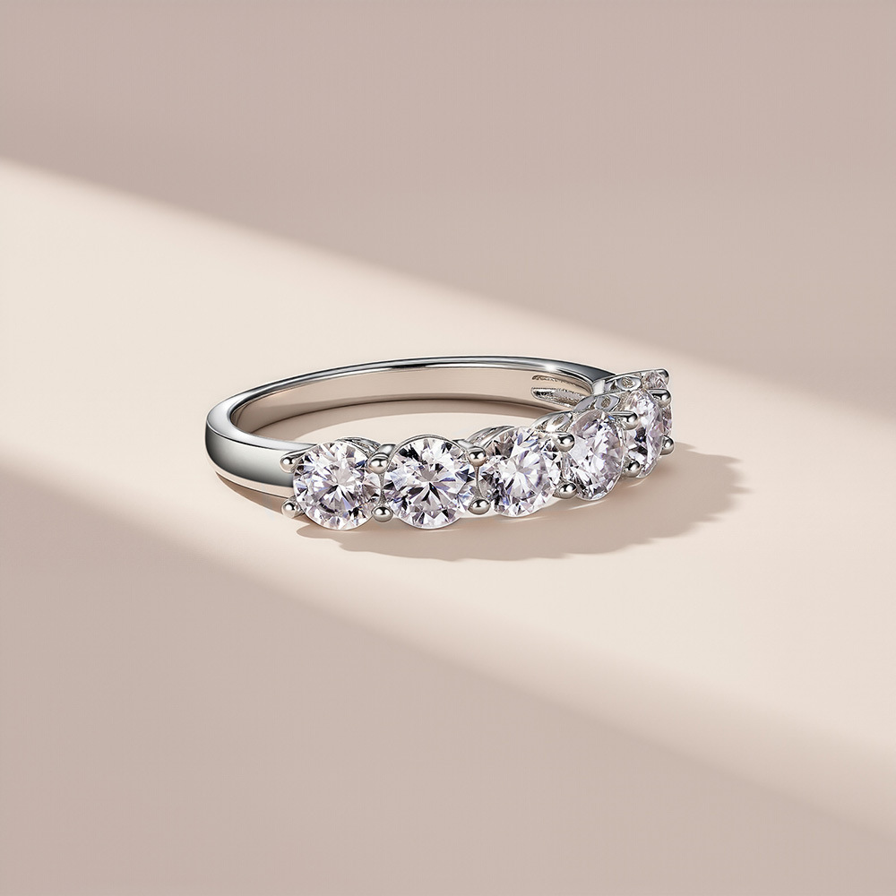 S925 Sterling Silver 7 Stones Moissanite Band Ring, Half Eternity Stackable Ring