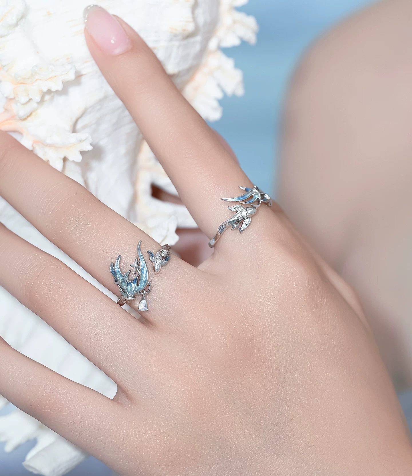 Deep Sea Legend Romantic Couple Open Ring Set | Ice Blue Mermaid Tail Starfish Matching Ring Pair