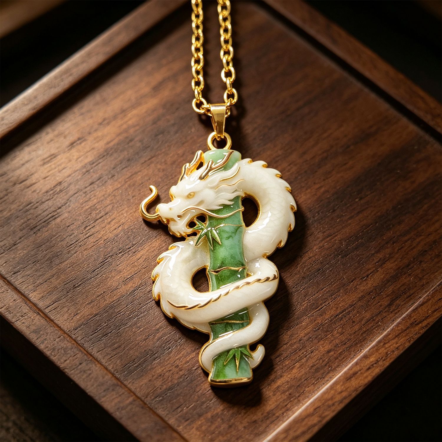 White Dragon Jade Bamboo Pendant Necklace, Lucky Growth Spirit Dragon Amulet, Gold Trim Oriental Prosperity Charm, Spiritual Protection Jewelry
