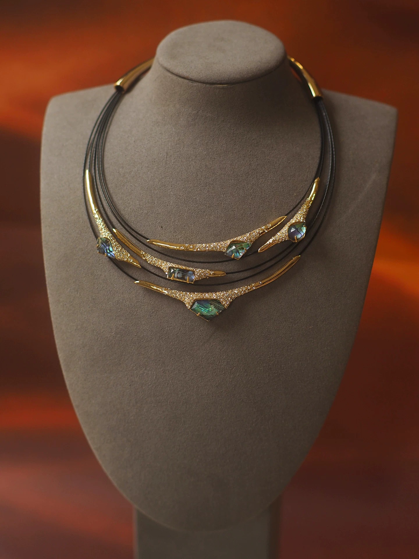 Vintage Natural Abalone Mother of Pearl Multi-Layer Choker | Designer Antique Gold Statement Collar Necklace
