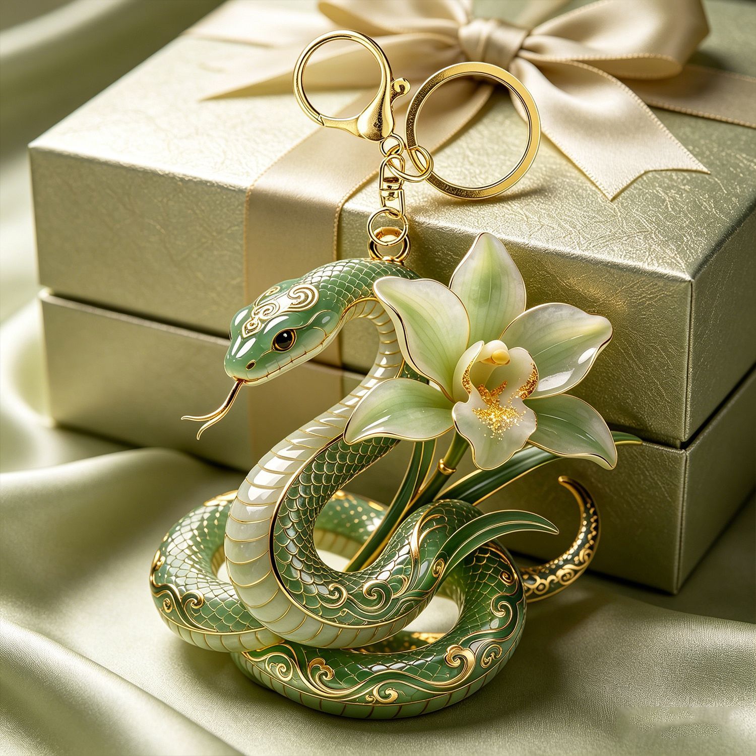 Green Jade Snake & Orchid Metal Keychain, Vintage Chinese Style Bag Charm, Spiritual Serpent Pendant Gift for Her