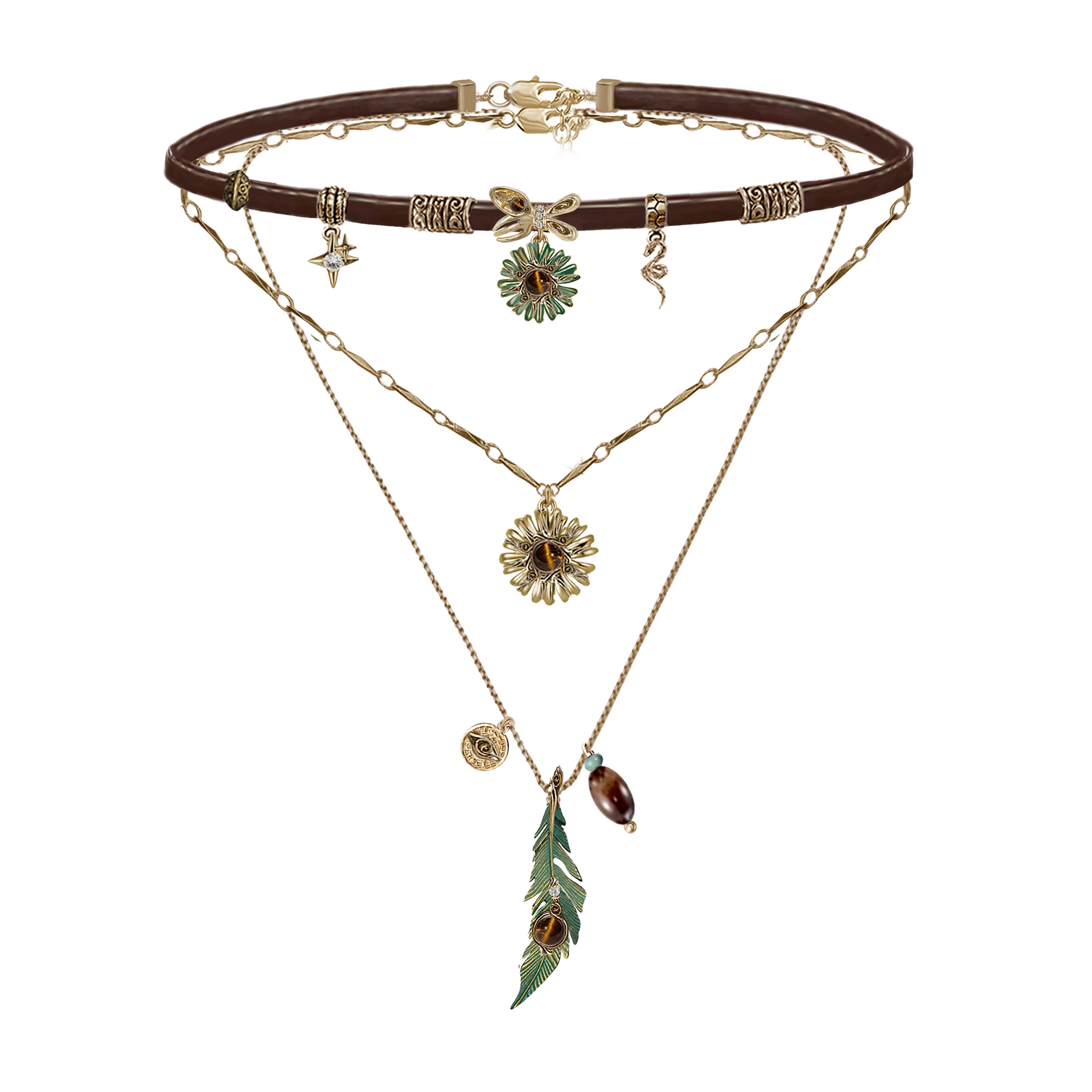 Ethnic Vintage Green Feather Multi-Layer Leather Choker Necklace | Maillard Boho Tiger's Eye Layered Necklace