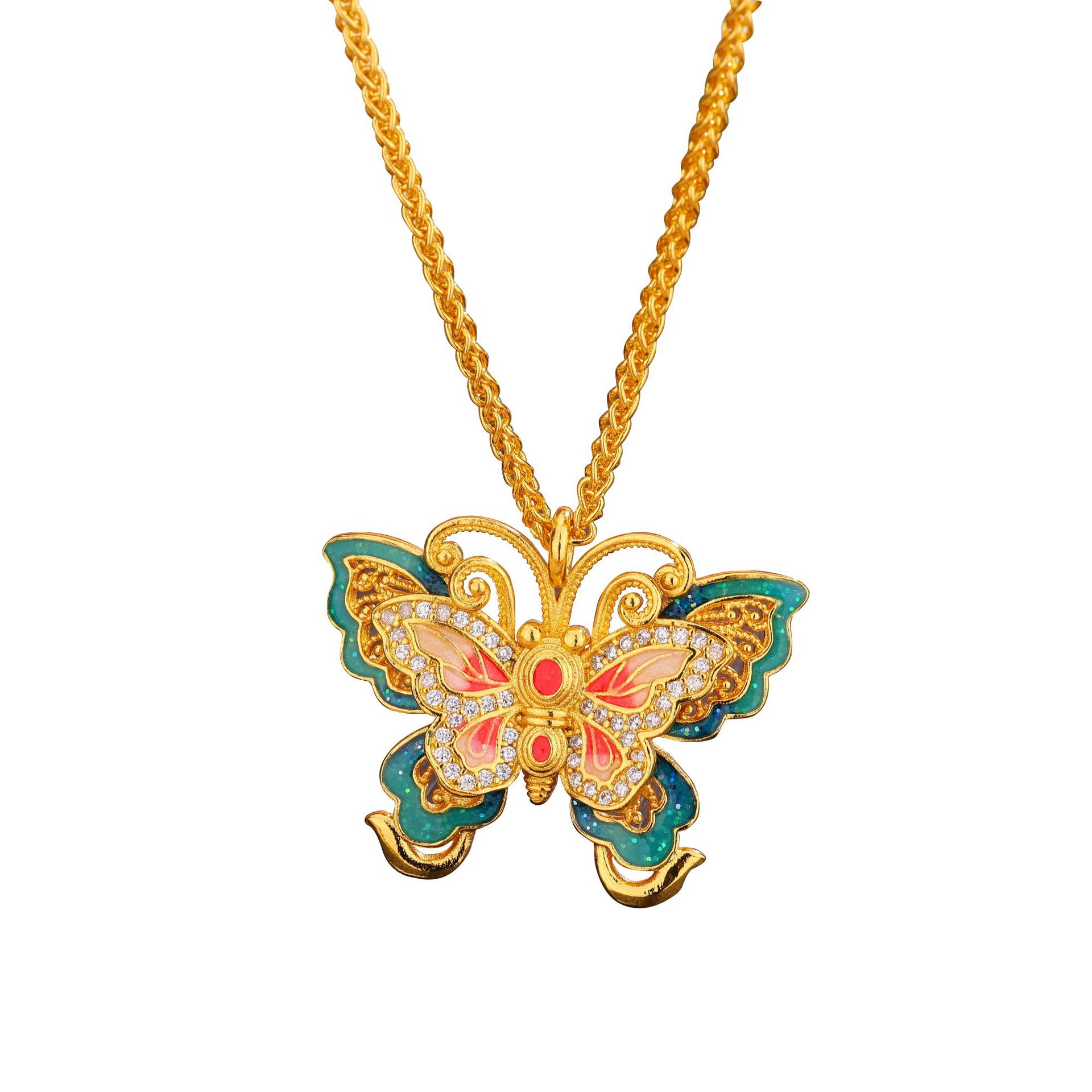 Vintage Enamel Butterfly Pendant Necklace, Gold Sand Inlaid Crystal, Oriental Retro Women’s Statement Jewelry