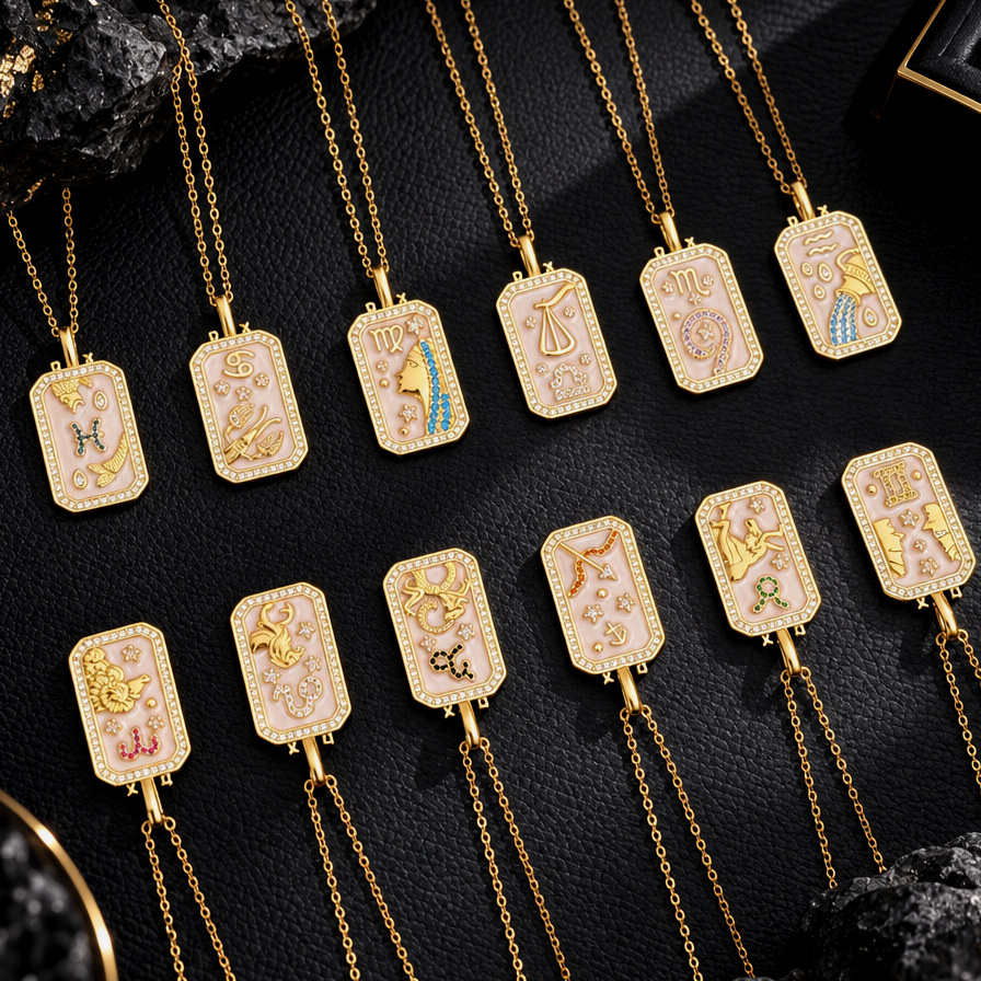 12 Zodiac Sign Rectangular Tag Necklace, Gold Plated Shell Inlay Zircon Pendant Necklace