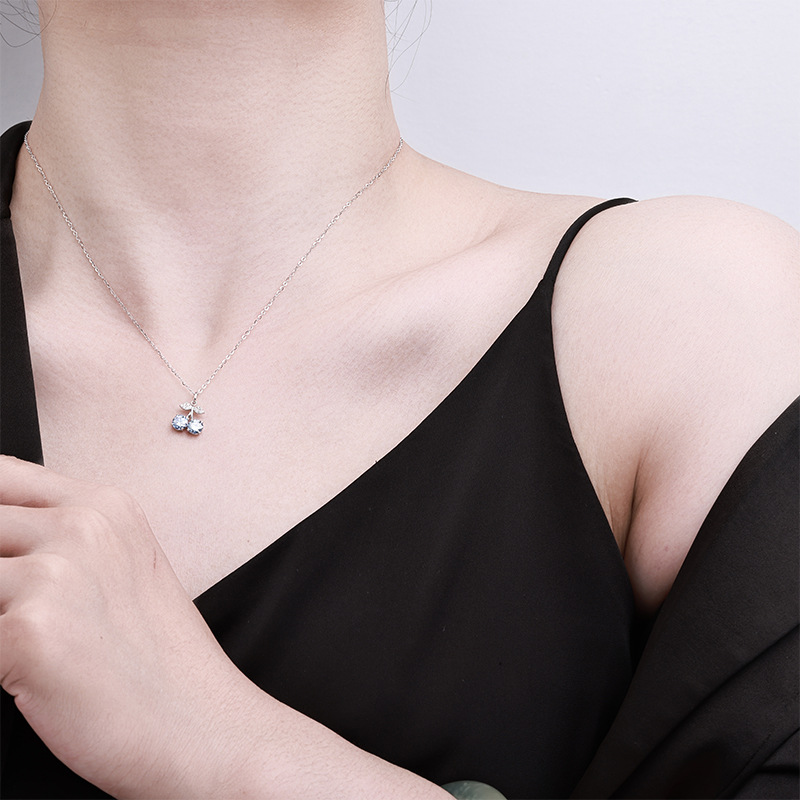 S925 Sterling Silver Cherry Moissanite Pendant Necklace｜Exquisite Double-Stone Choker for Daily Wear
