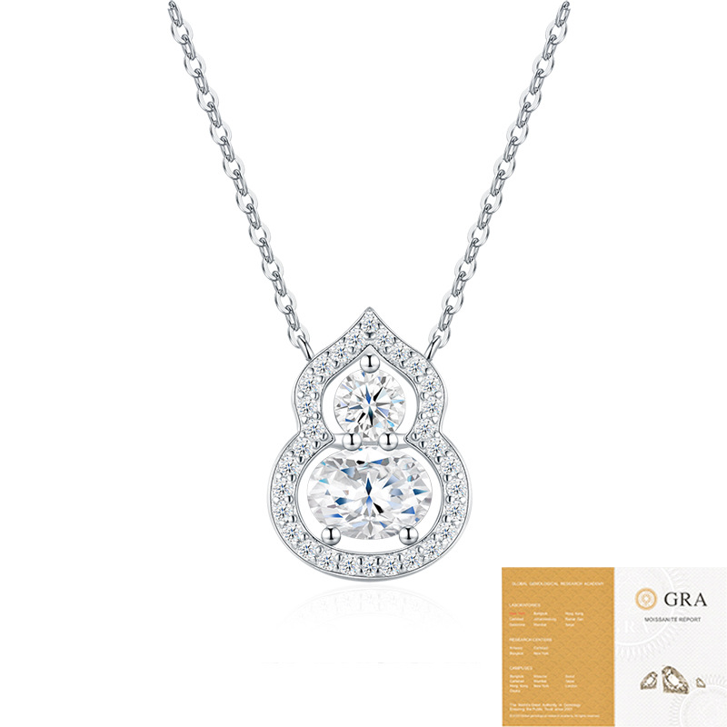 S925 Sterling Silver  Moissanite Gourd Necklace, Oval Cut Double Stone Hulu Pendant