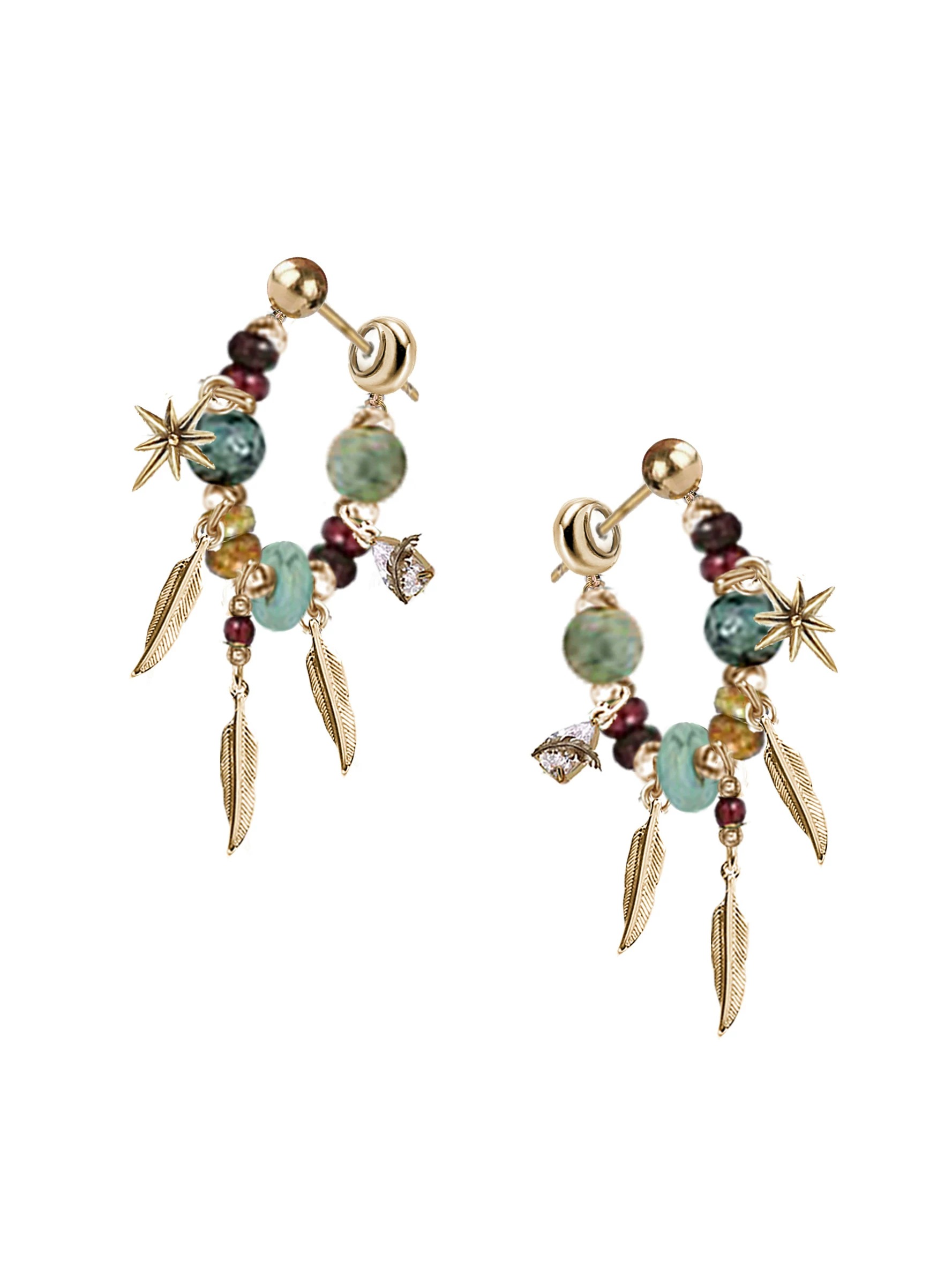 Bohemian Resort Beaded Green Feather Hoop Earrings | Vintage Gold Star Charm Dangle Statement Earrings