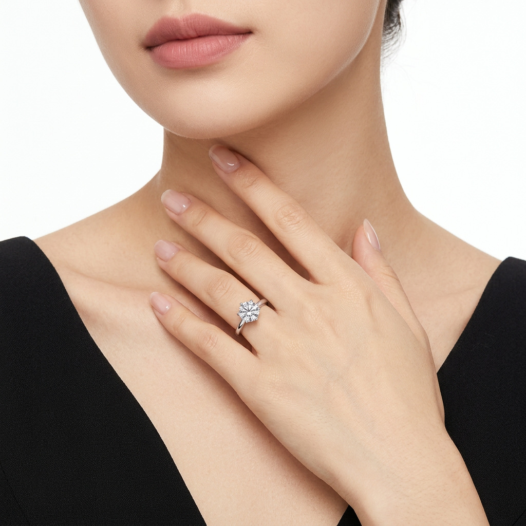 Classic Six Prong Solitaire Ring, S925 Silver with Round Moissanite, Timeless Engagement Promise Ring for Women