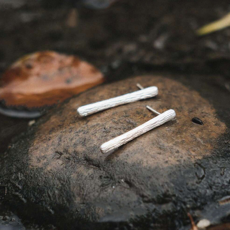 Minimalist Tree Bark Texture Long Bar Earrings 925 Sterling Silver Post Matte Silver Stud Earrings