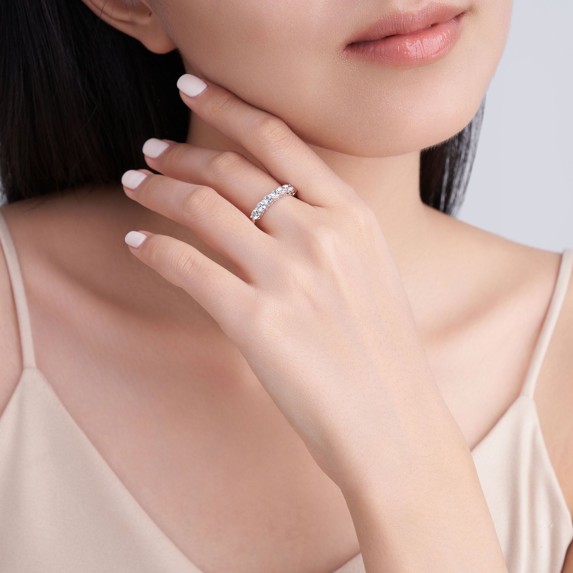 S925 Sterling Silver 7 Stones Moissanite Band Ring, Half Eternity Stackable Ring