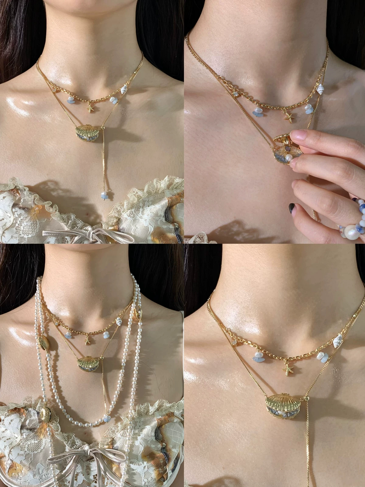 Gold Shell Layered Necklace, Ocean Beach Seashell Pendant Necklace for Women