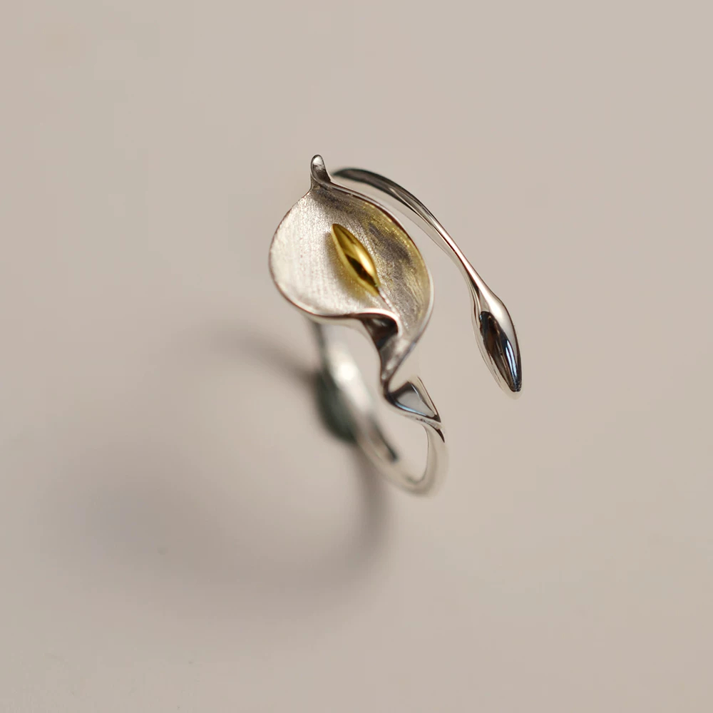 S925 Sterling Silver Calla Lily Flower Open Ring, Vintage Adjustable Flower Band Ring for Women