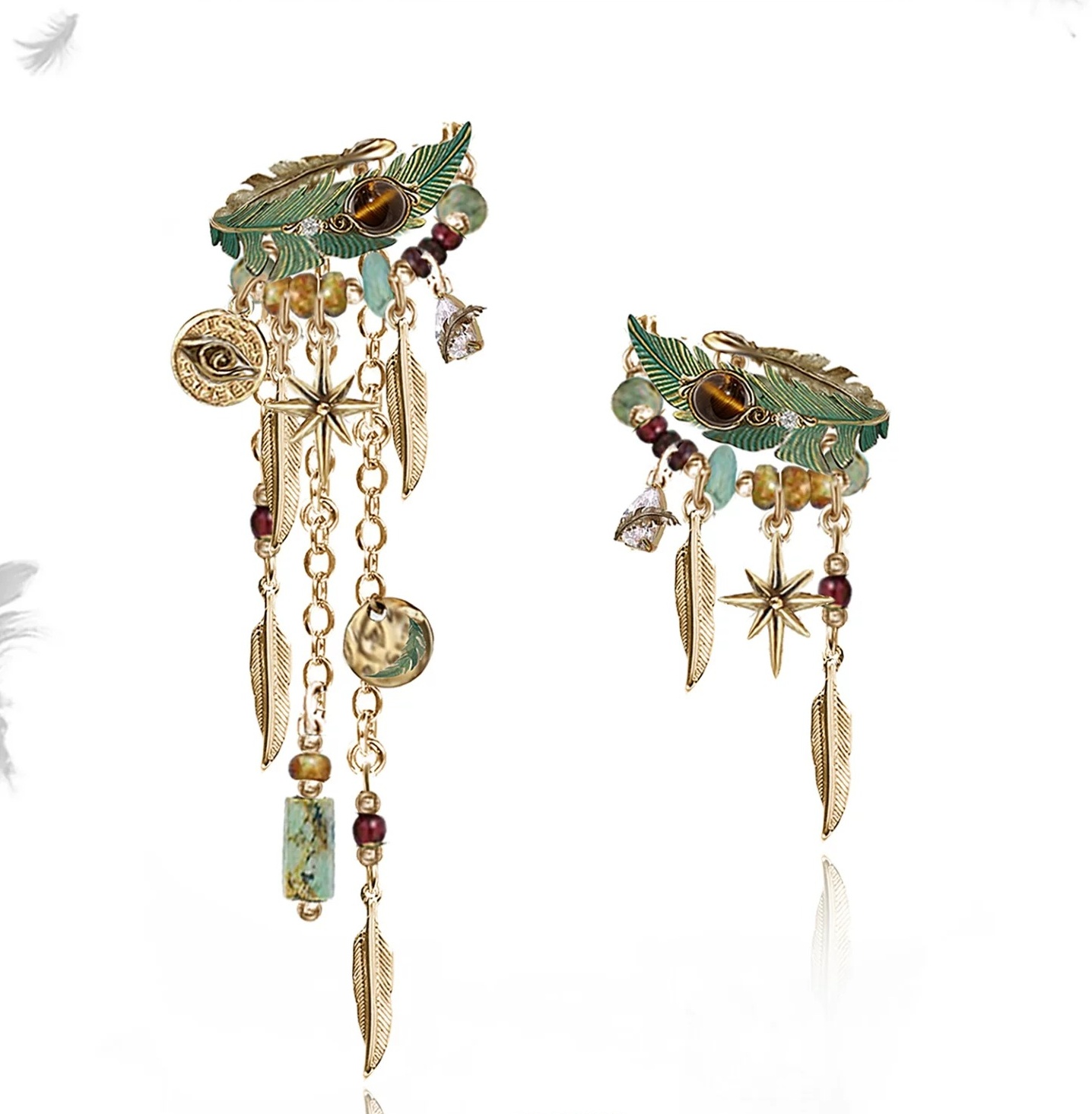 Ethnic Tribal Green Enamel Feather Ear Cuff | Vintage Gold Tassel No-Piercing Statement Earring