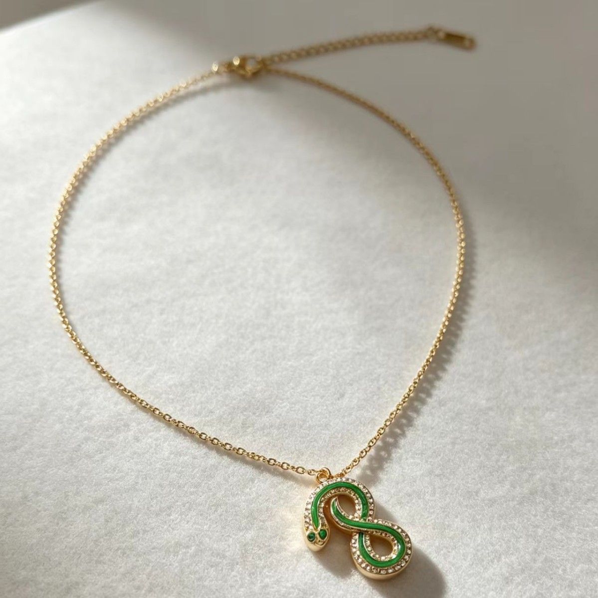 Green Enamel Snake Pendant Necklace, Dainty CZ Crystal Serpent Choker, Spiritual Protection Jewelry