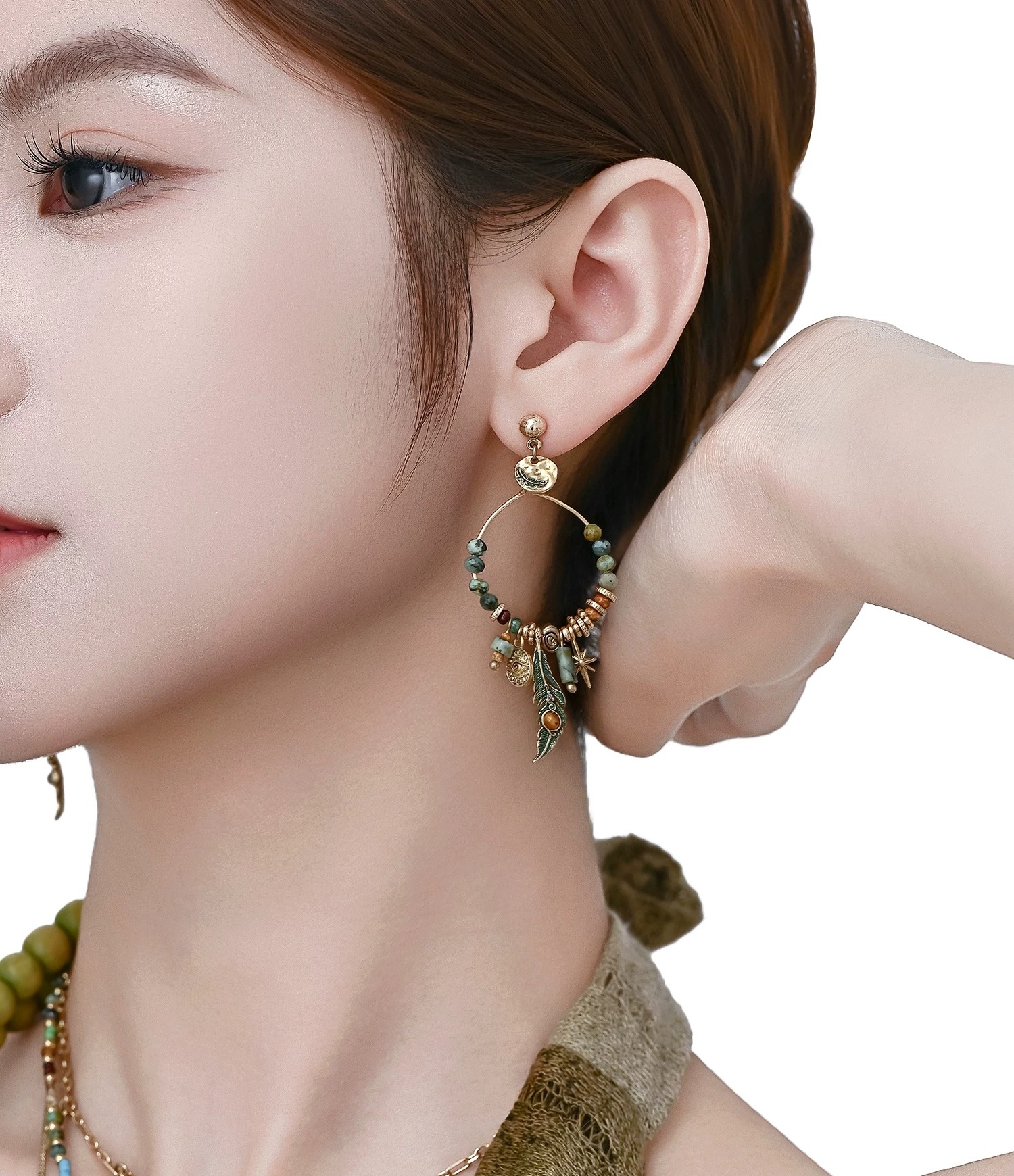 Ethnic Tribal Green Feather Beaded Hoop Earrings | Vintage Gold Boho Statement Drop Earrings