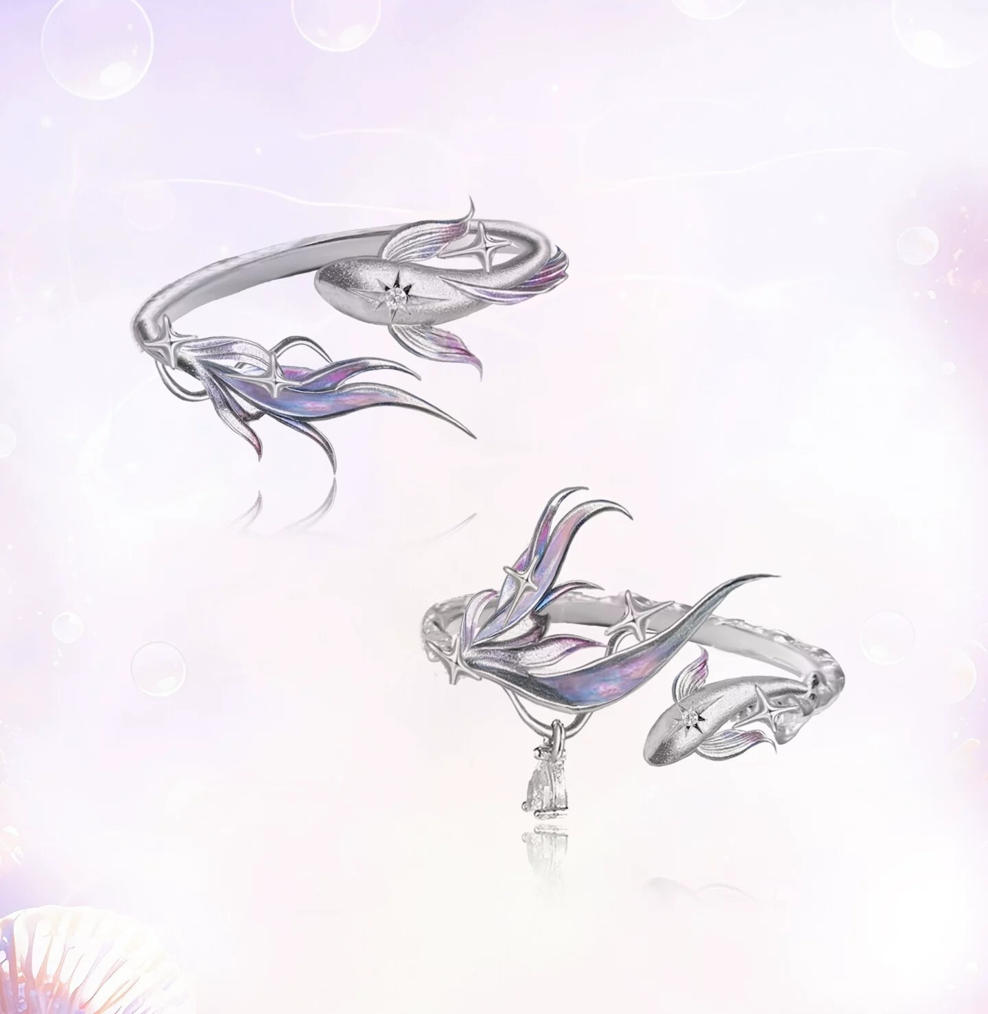 Deep Sea Legend Romantic Couple Open Ring Set | Ice Blue Mermaid Tail Starfish Matching Ring Pair