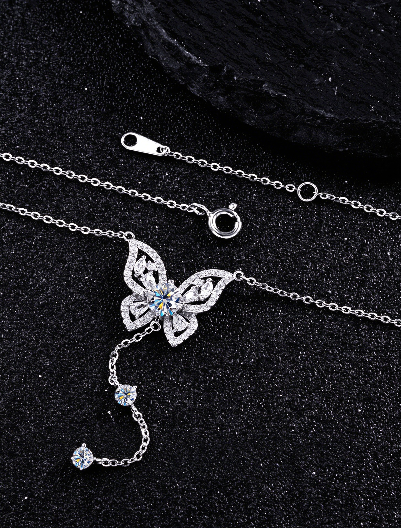 S925 Silver Butterfly Y-Drop Moissanite Necklace, Adjustable Tassel Clavicle Chain Jewelry