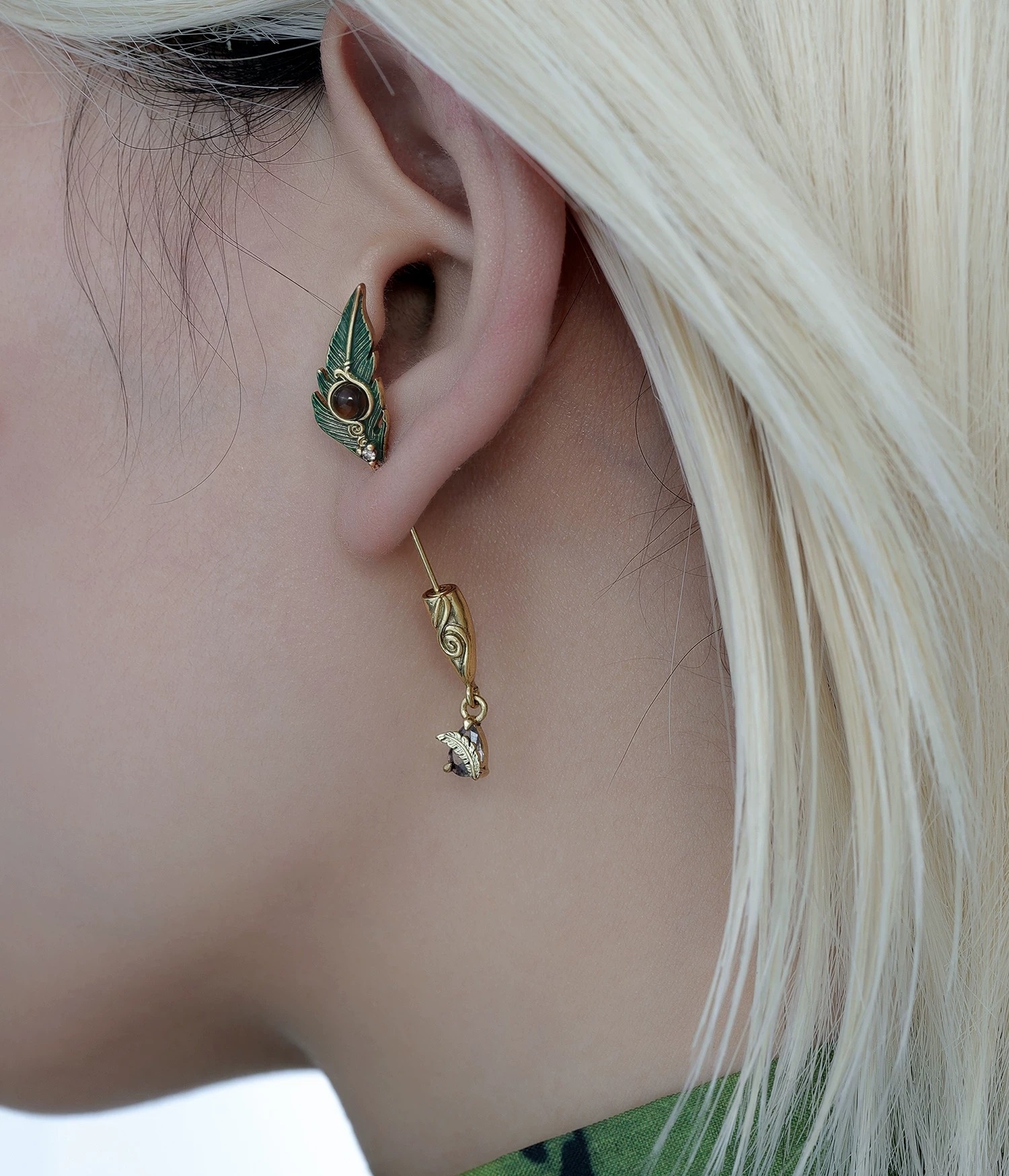 Premium Green Peacock Feather Tiger's Eye Long Drop Earrings | Original Vintage Gold Linear Statement Earrings