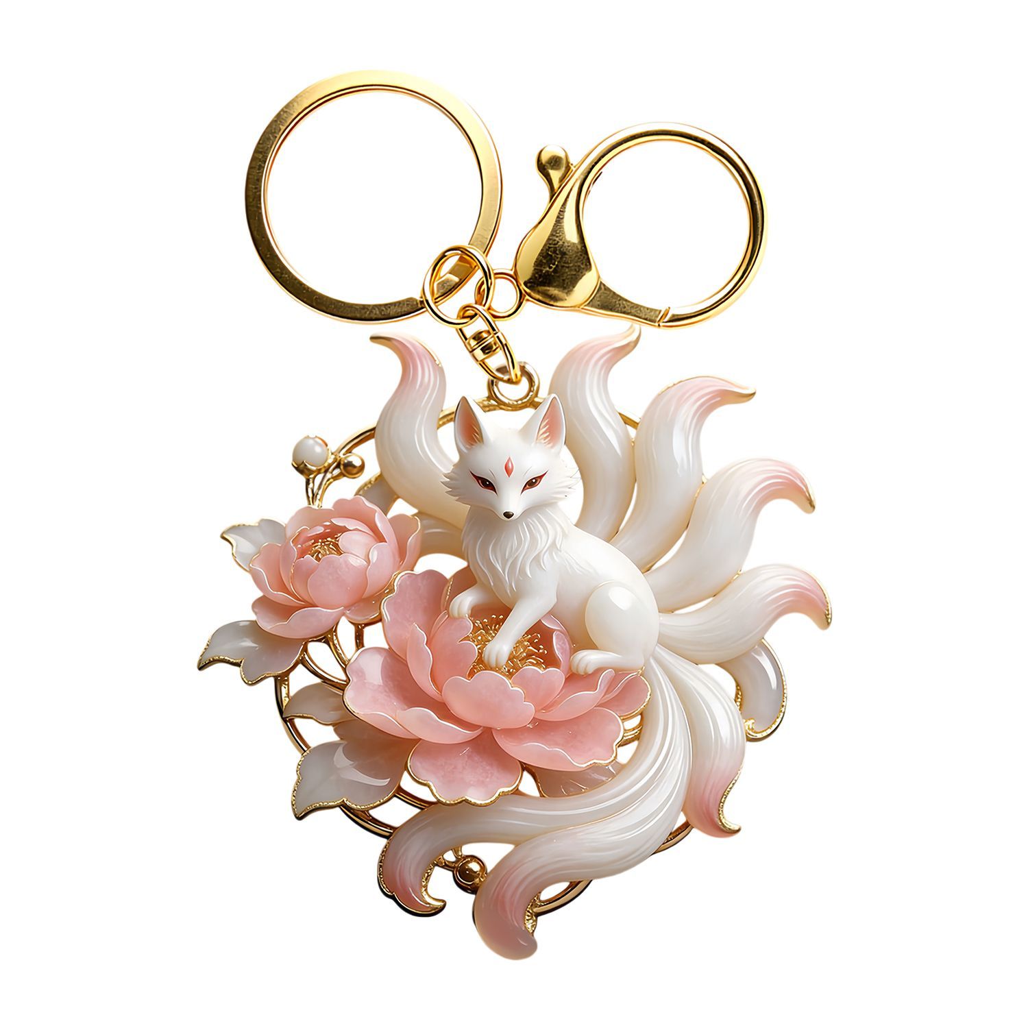 Nine Tailed Fox & Peony Spiritual Charm Keychain | Love Attraction & Good Fortune Bag Adornment