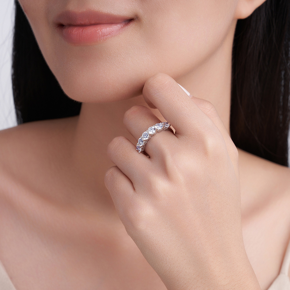 S925 Sterling Silver 7 Stones Moissanite Band Ring, Half Eternity Stackable Ring