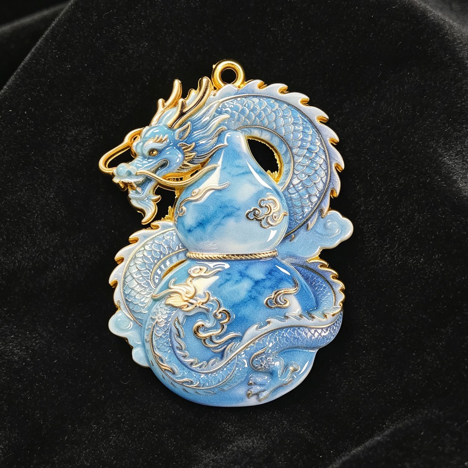 Blue Sea Dragon Gourd Pendant Necklace, Spirit Dragon Calabash Amulet, Oriental Lucky Charm, Gold Trim Spiritual Protection Jewelry 