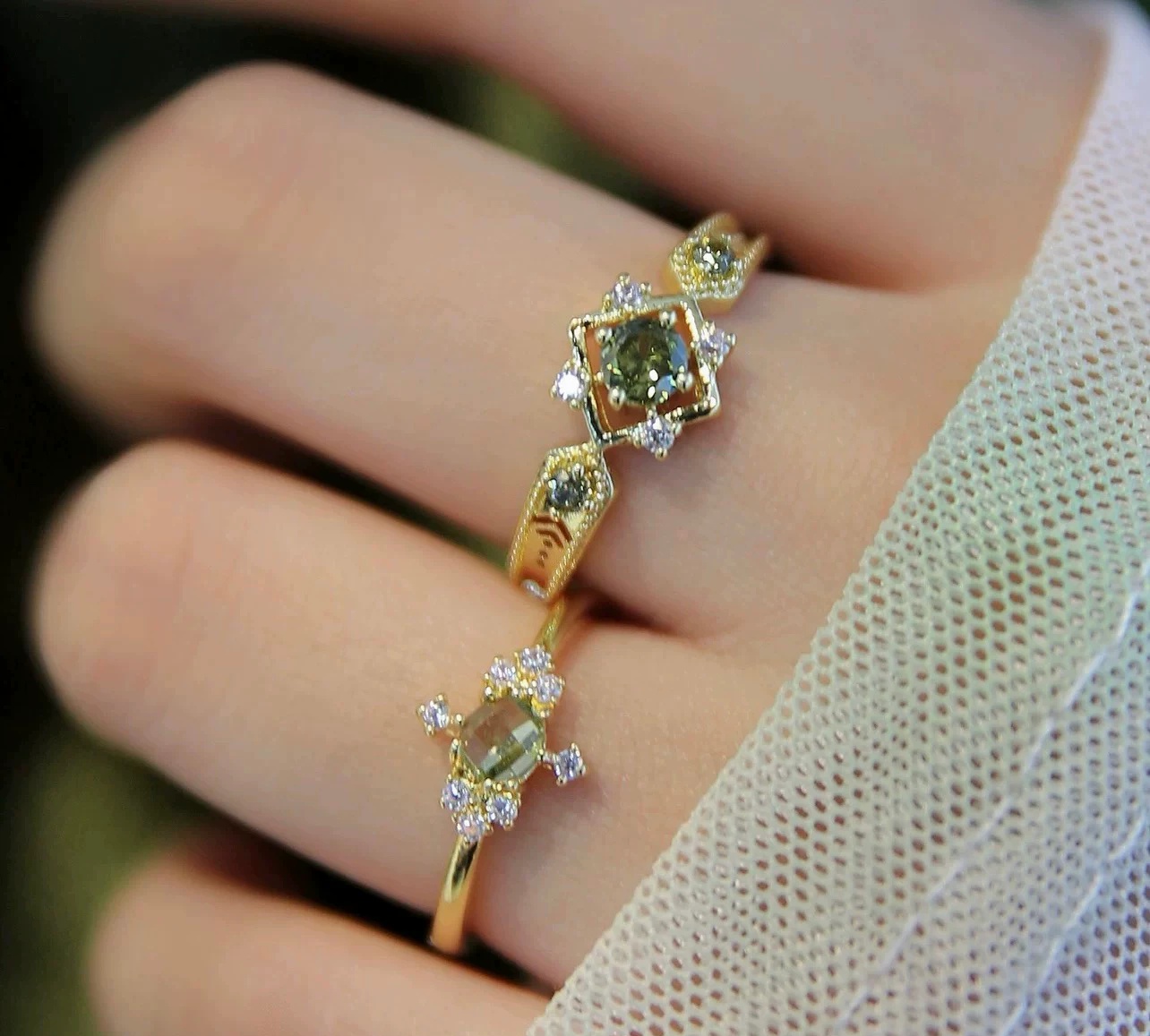 Vintage French Olive Green Zircon Open Stackable Adjustable Ring For Women