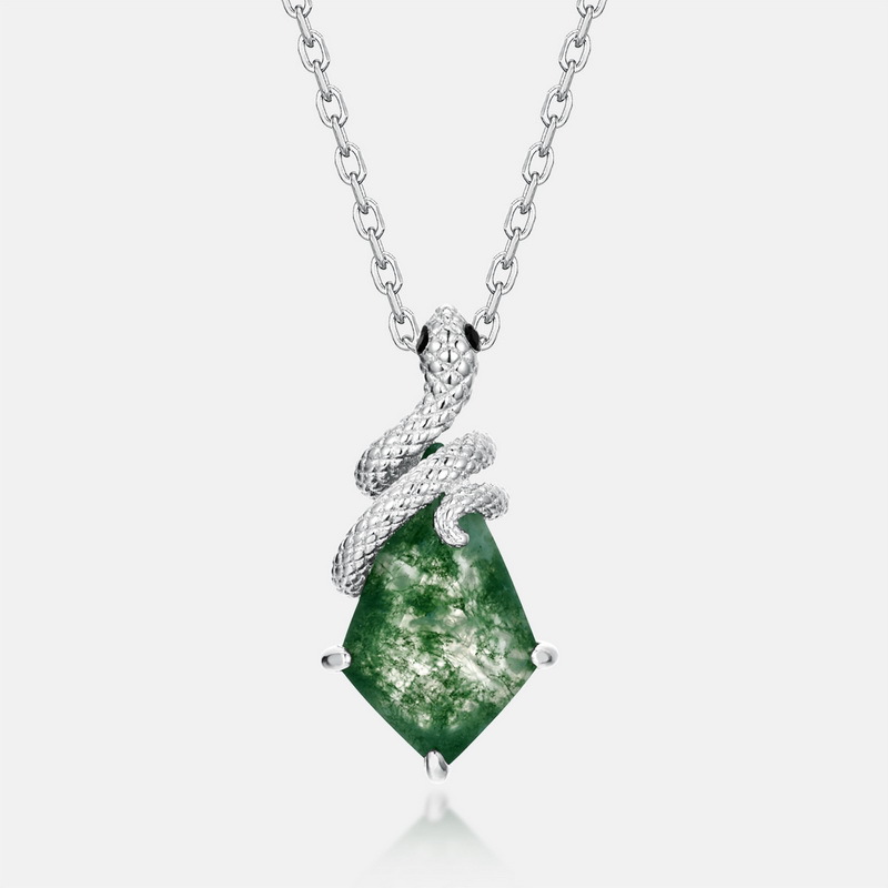 S925 Sterling Silver Natural Green Moss Agate Snake Pendant Necklace