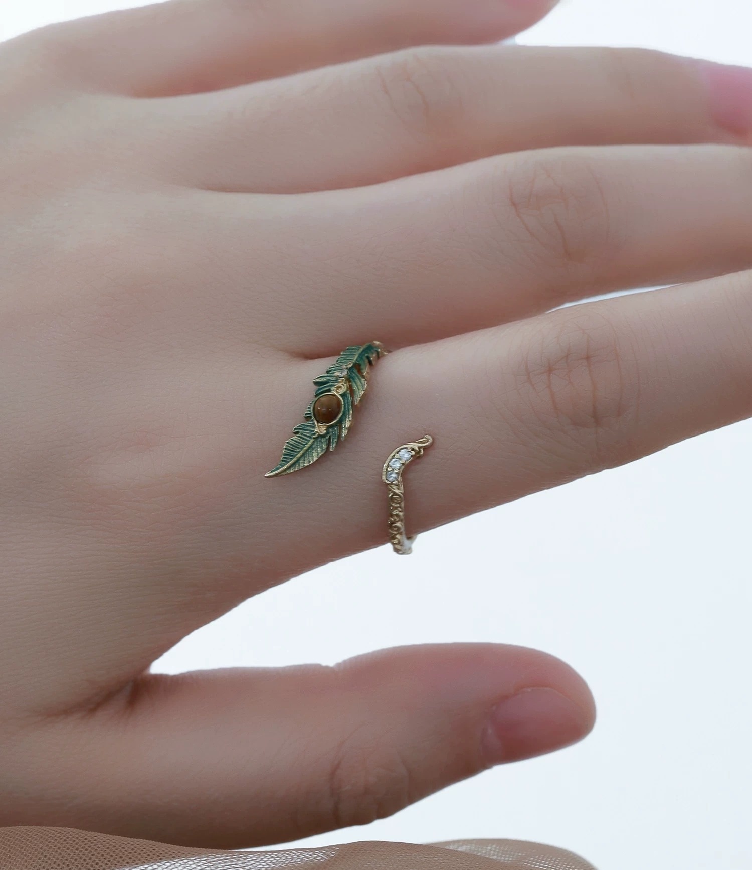 Vintage Peacock Feather Tiger's Eye Open Ring | Designer Gold Enamel Adjustable Statement Ring