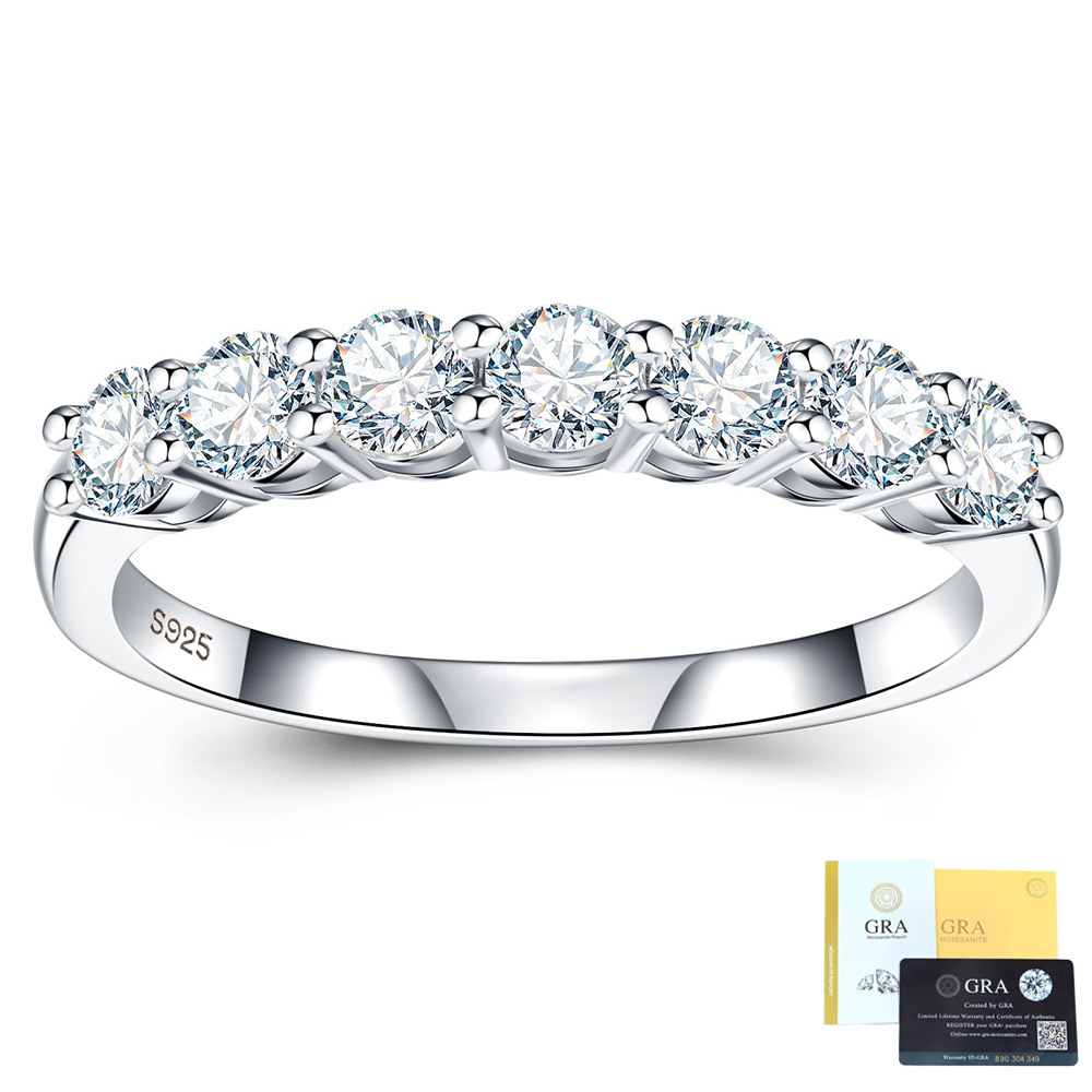S925 Sterling Silver 7 Stones Moissanite Band Ring, Half Eternity Stackable Ring