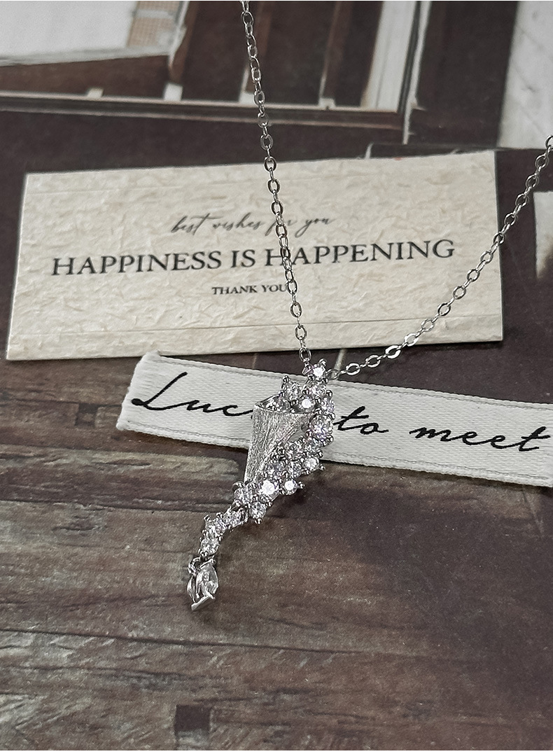 S925 Sterling Silver Brushed Pave Long Pendant Necklace | Minimalist Luxury Tapered Drop Necklace for Women