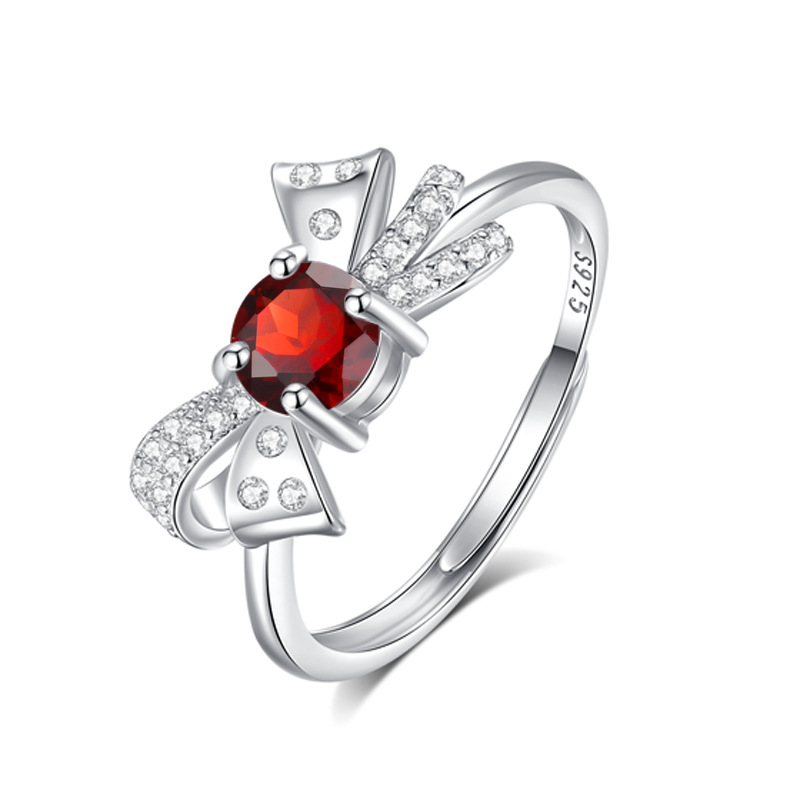 Natural Gemstone Bow Ring, S925 Sterling Silver Adjustable Open Ring