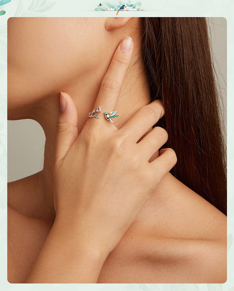 S925 Sterling Silver Hummingbird Jewelry Set, Enamel Bird Earrings & Open Ring Set