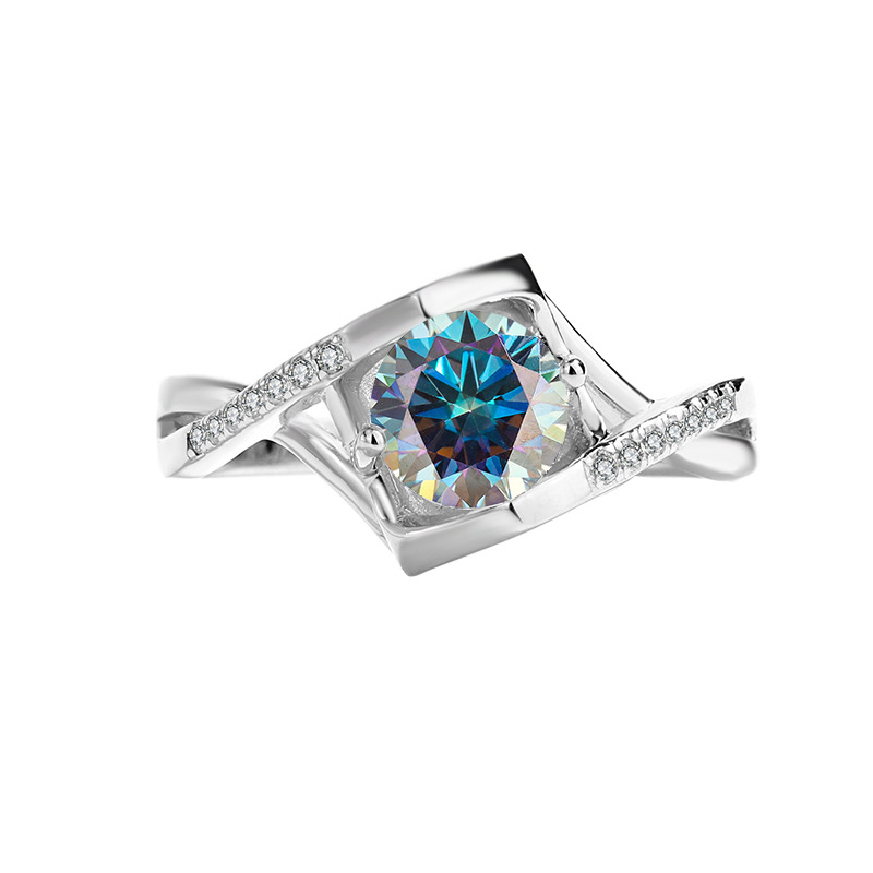 S925 Sterling Silver Angel's Kiss Twist Band Moissanite Ring, Colored Moissanite Engagement Ring