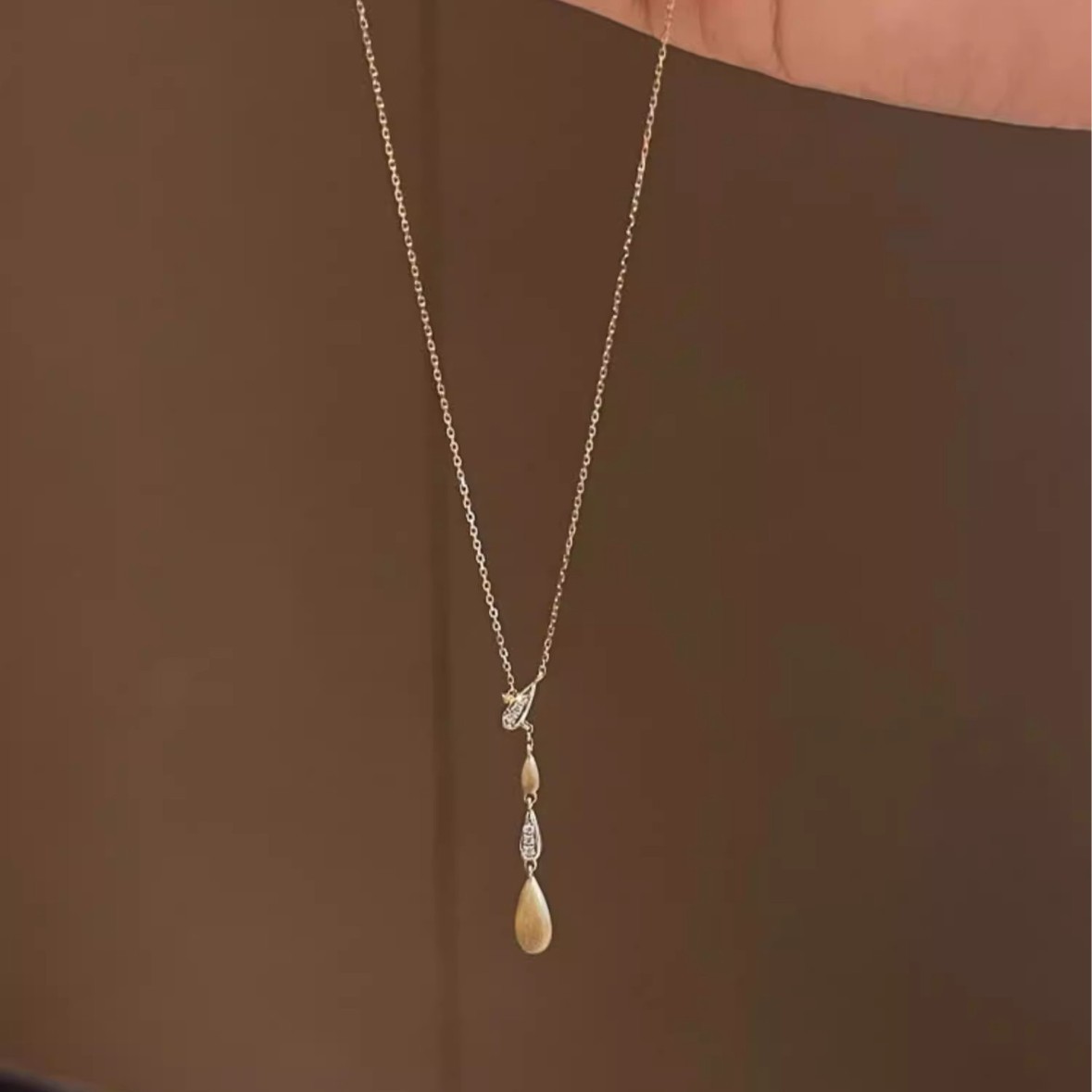 S925 Sterling Silver Teardrop Y-Necklace | French Brushed Tassel Minimalist Collarbone Necklace