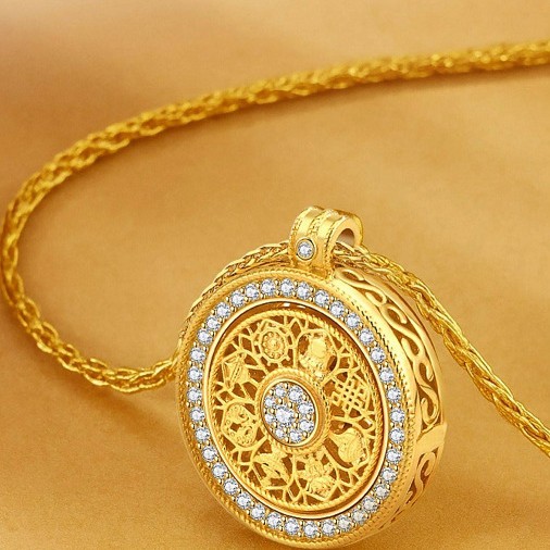 Rotatable 8 Treasures Compass Pendant Necklace, Silver Gold Plated with Moissanite, Vintage  Amulet Jewelry