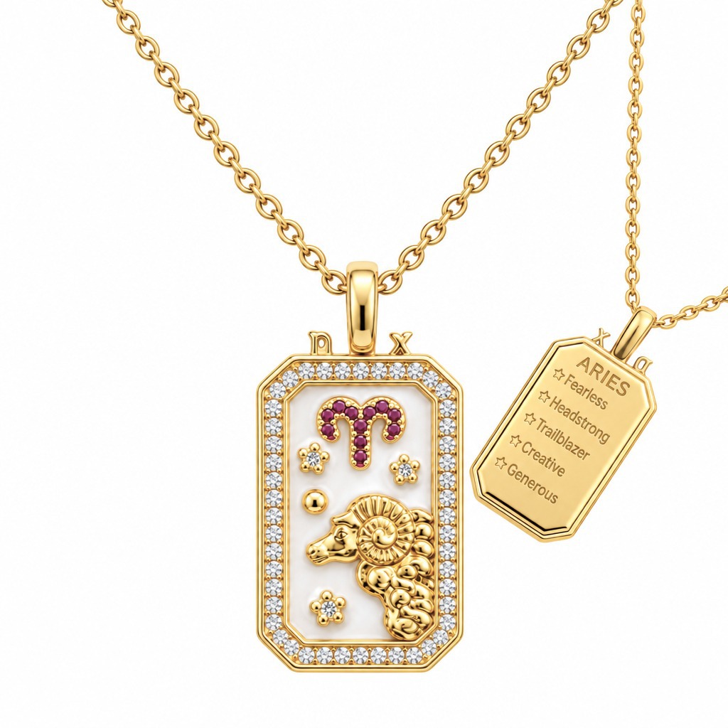 12 Zodiac Sign Rectangular Tag Necklace, Gold Plated Shell Inlay Zircon Pendant Necklace