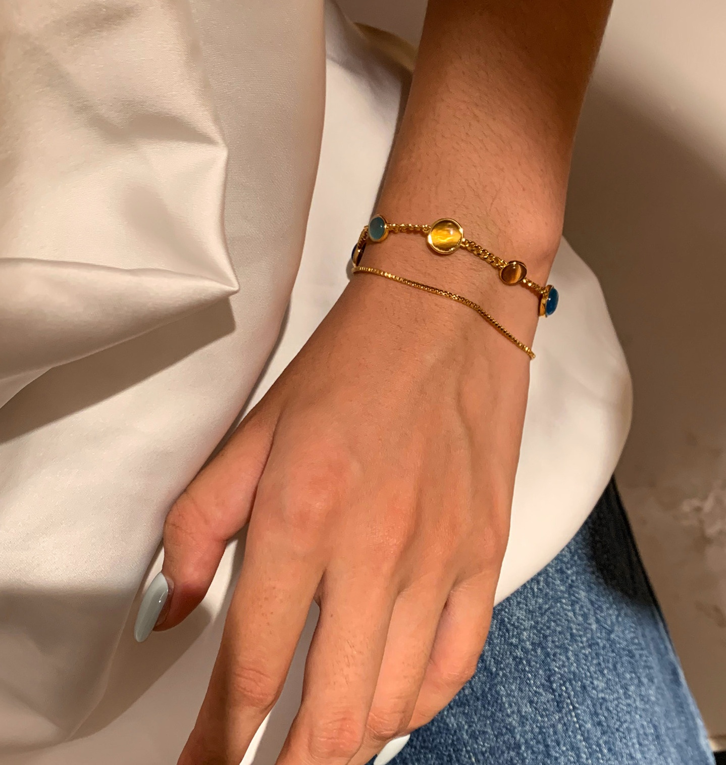 Colorful Double-Layer Cat's Eye Bracelet | Dopamine-Style Stackable Gold-Plated Bracelet