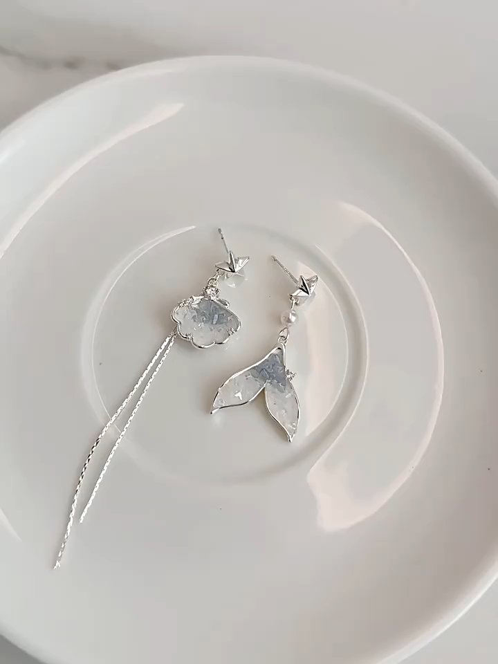 Sea Salt Crystal Fishtail Seashell Drop Earrings | Niche Luxury Silver-Plated Ocean Dangle Earrings for Women