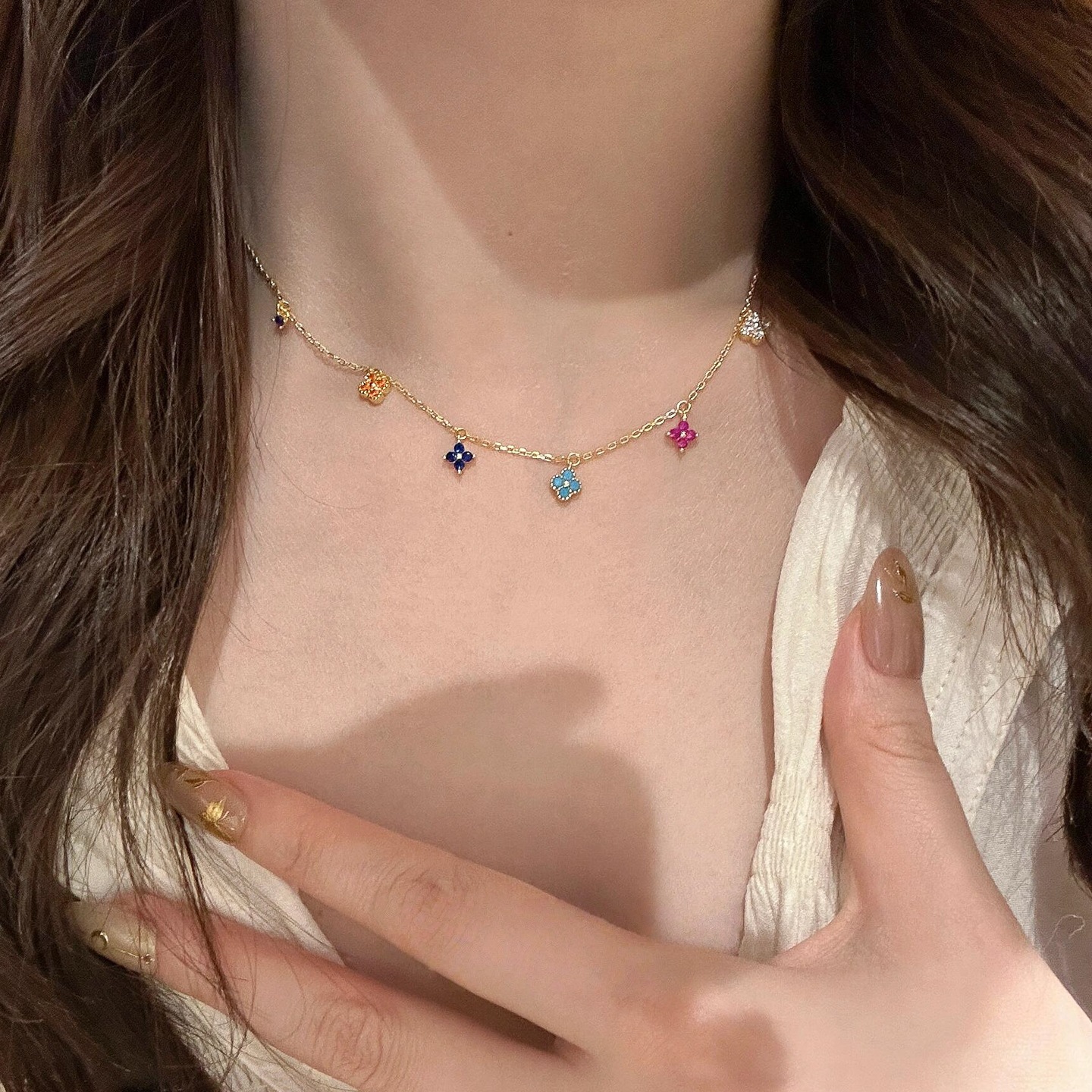  Colorful Mini Clover Pendant Necklace, Dainty Lucky Four Leaf Clover Choker