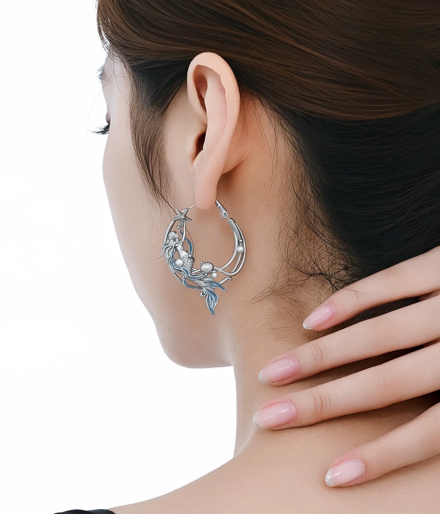 Deep Sea Legend 3D Mermaid Pearl Hoop Earrings | Original Sweet Cool Unisex Statement Earrings