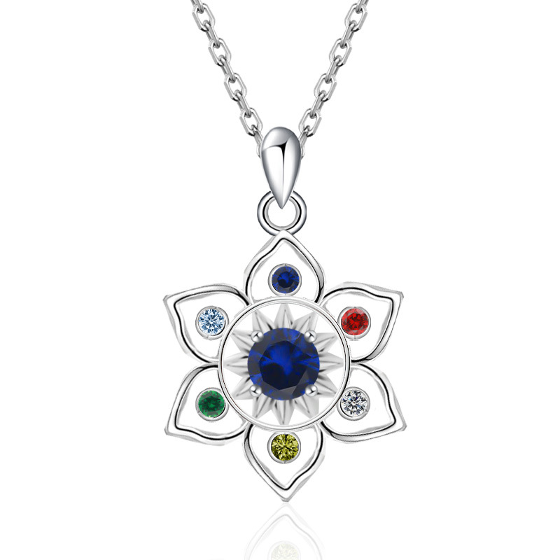 S925 Sterling Silver Chakra Lotus Birthstone Necklace