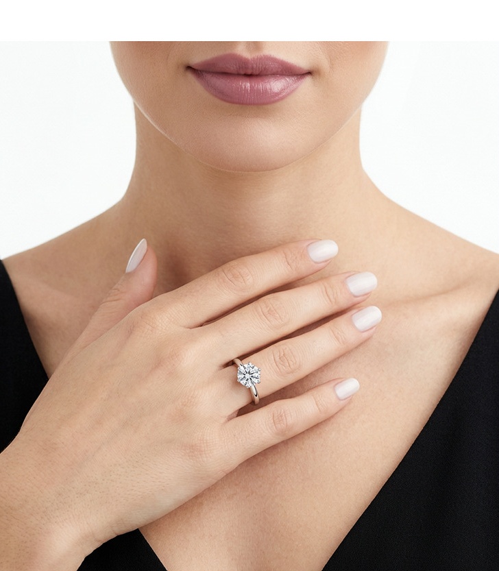Classic Six Prong Solitaire Ring, S925 Silver with Round Moissanite, Timeless Engagement Promise Ring for Women