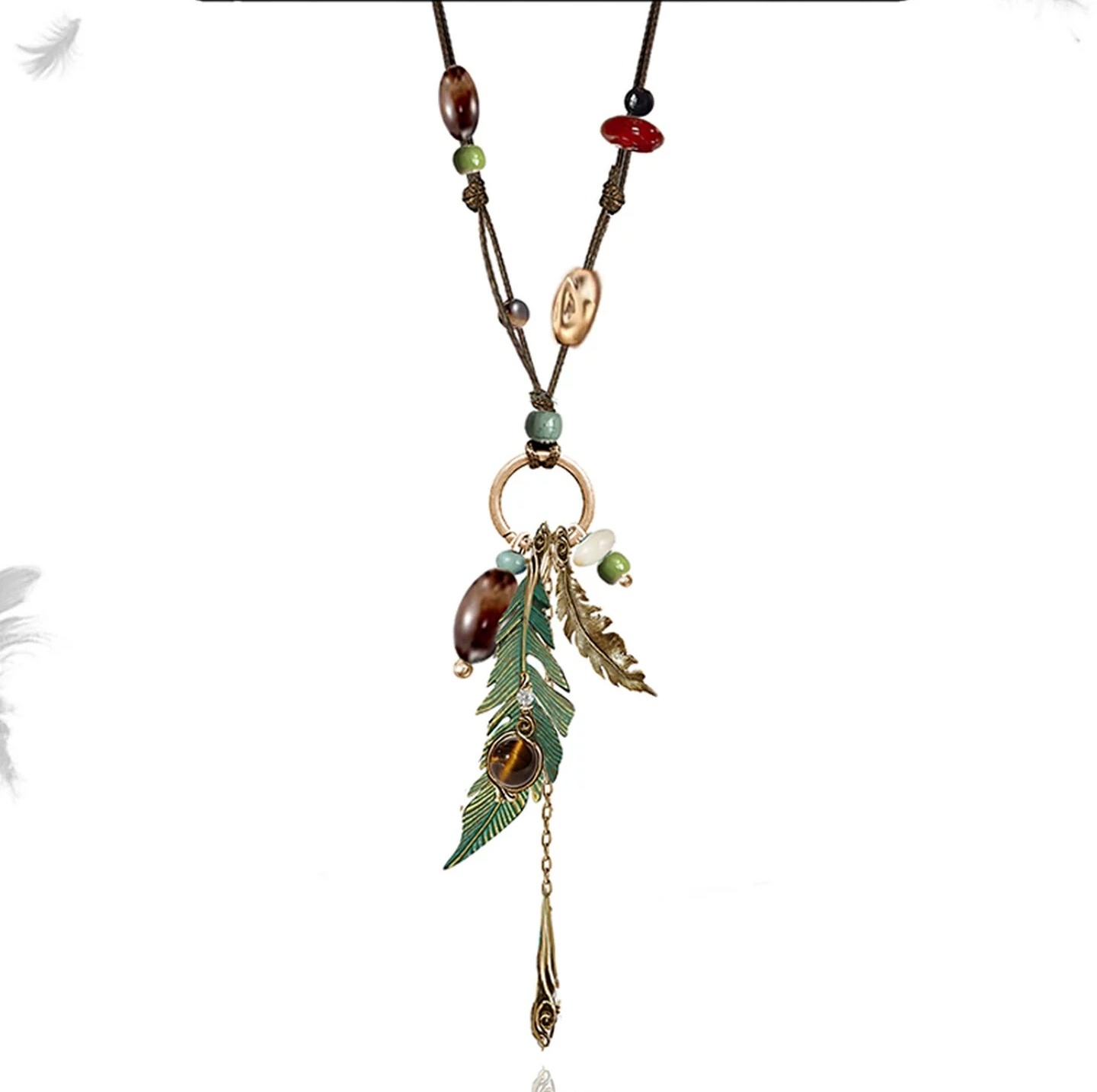 Vintage Forest Green Feather Pendant Long Sweater Necklace | Original Gold Plated Layering Necklace