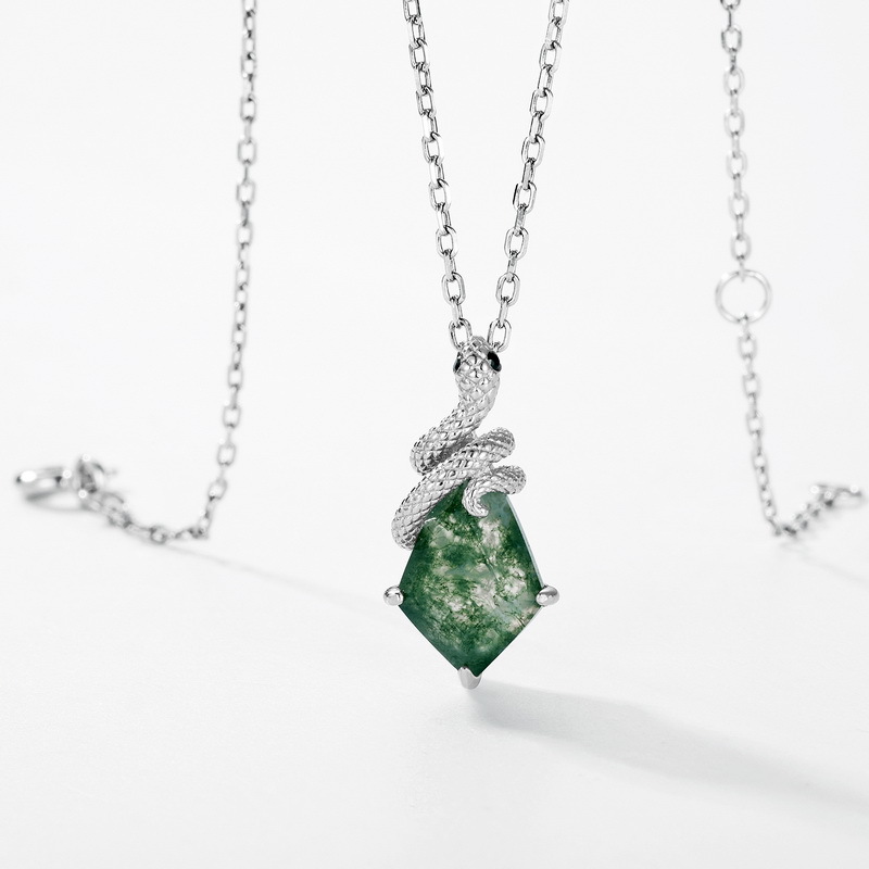 S925 Sterling Silver Natural Green Moss Agate Snake Pendant Necklace