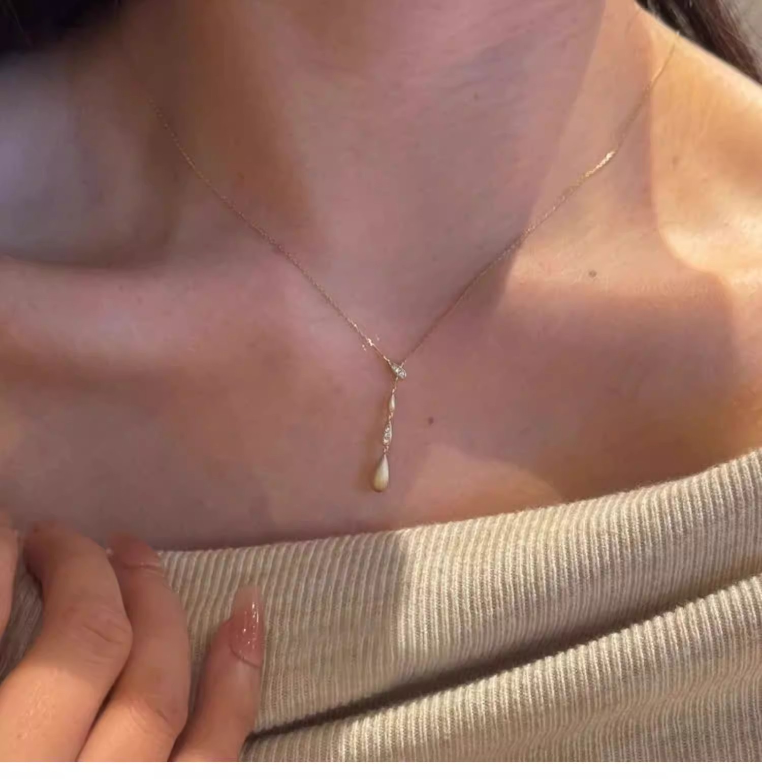 S925 Sterling Silver Teardrop Y-Necklace | French Brushed Tassel Minimalist Collarbone Necklace