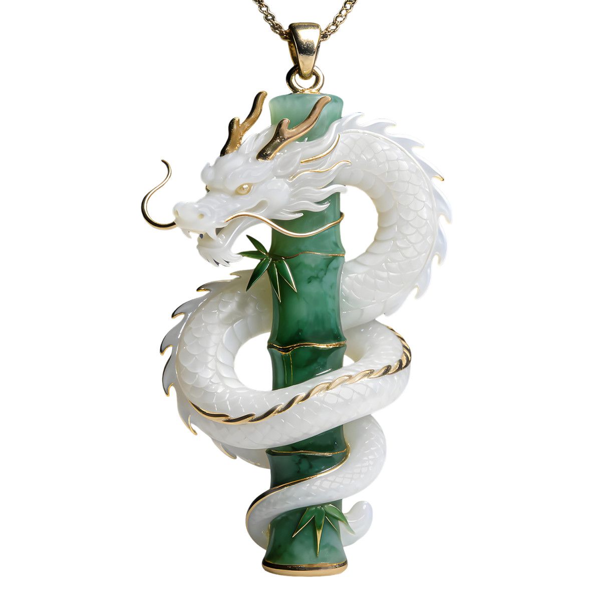 White Dragon Jade Bamboo Pendant Necklace, Lucky Growth Spirit Dragon Amulet, Gold Trim Oriental Prosperity Charm, Spiritual Protection Jewelry